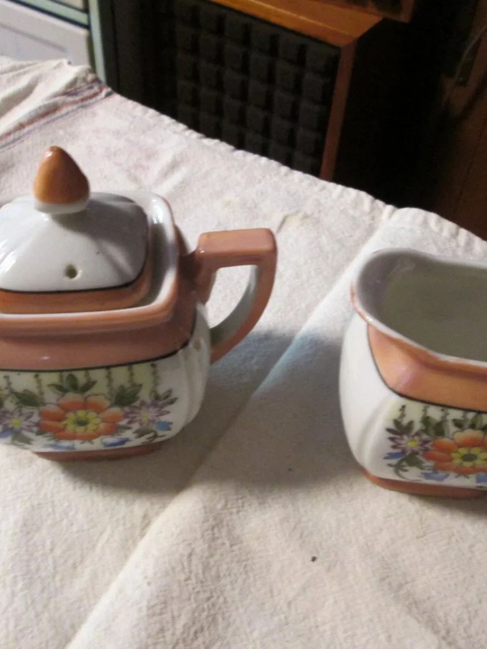 occupied Japan cream sugar 3 pc set pink white floral china stunning set